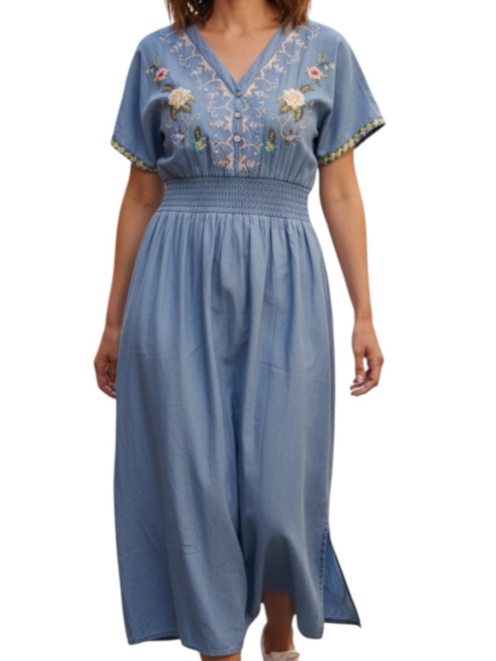 **NWOT** Embroidered V-Neck Smocked Waist Maxi Dress